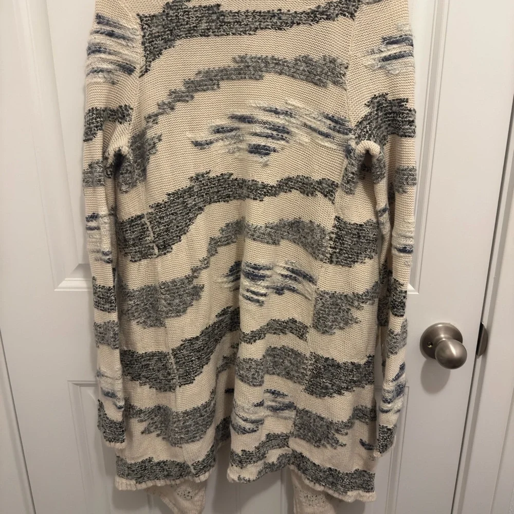 Lucky Brand Womens‎ Small Open Front Cardigan Sweater Blue Cream Abstract Knit - Picture 2 of 3